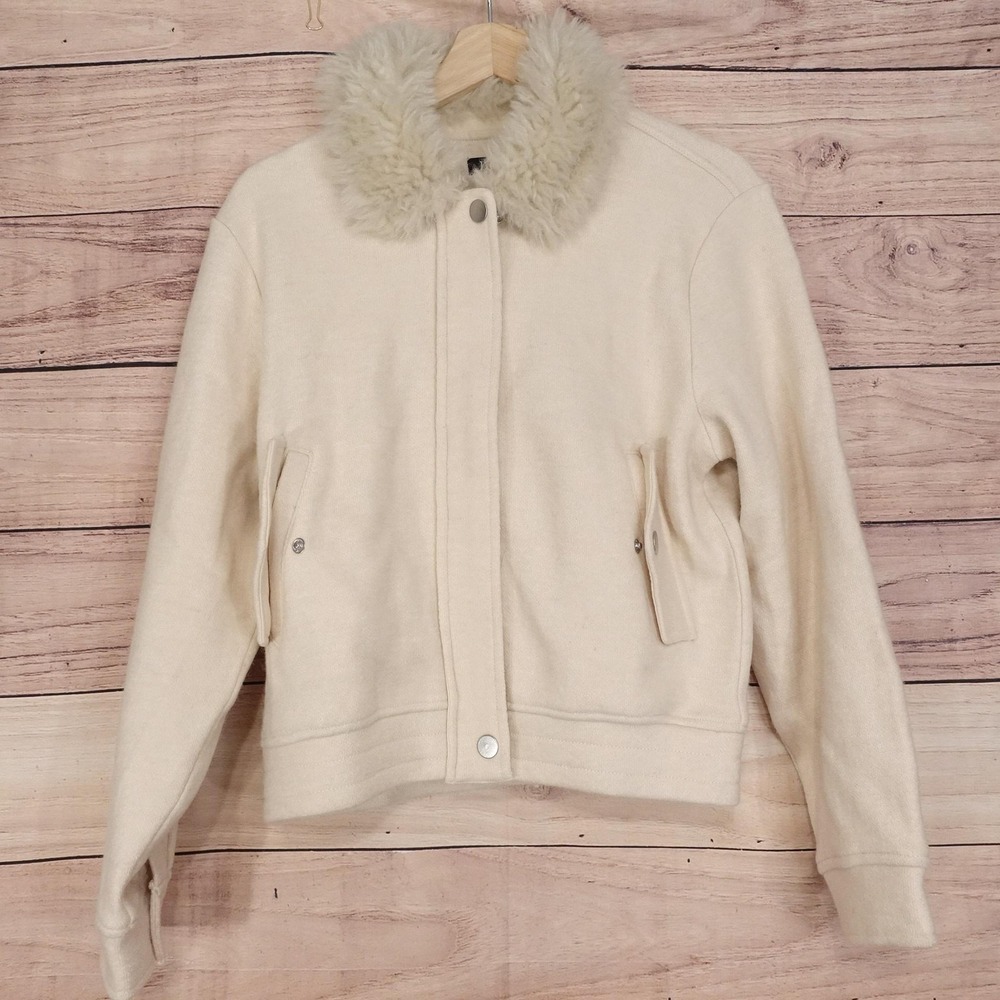 J Crew Jacket Womens S White Wool Bomber Faux Fur Collar Full Zip Lined Pockets